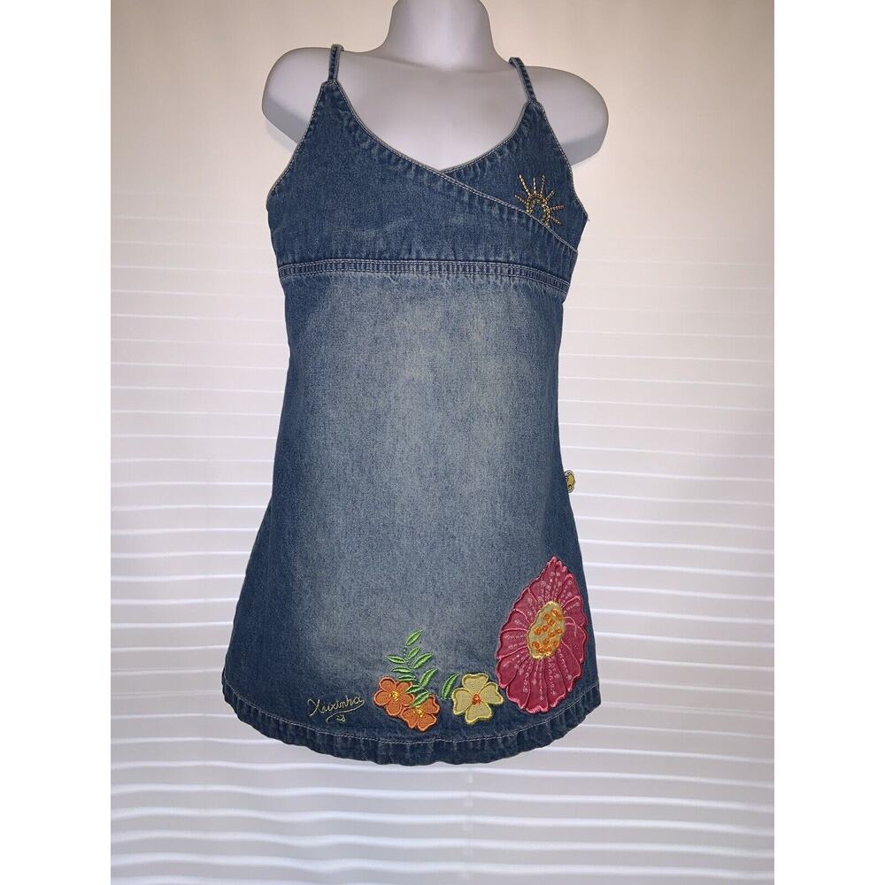 Vintage Y2K Girls Floral Size 10 Chambray Denim Short Cartoon Pupi Mini Dress